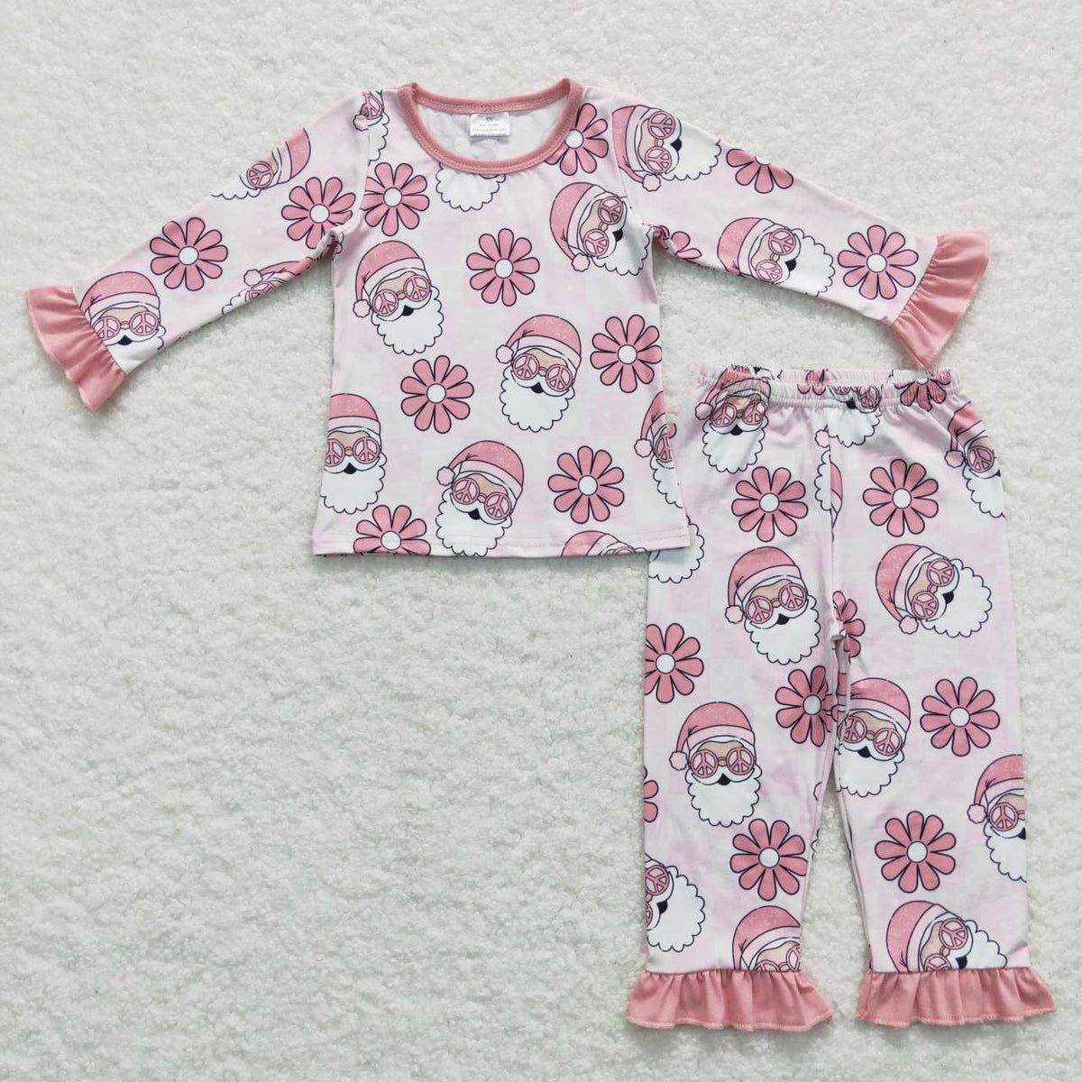 GLP0713 Santa Flowers Pink Print Girls Christmas Pajamas Clothes Set
