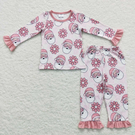 GLP0713 Santa Flowers Pink Print Girls Christmas Pajamas Clothes Set