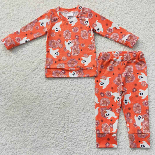 GLP0719 Ghost Flowers Orange Print Girls Halloween Pajamas Clothes Set