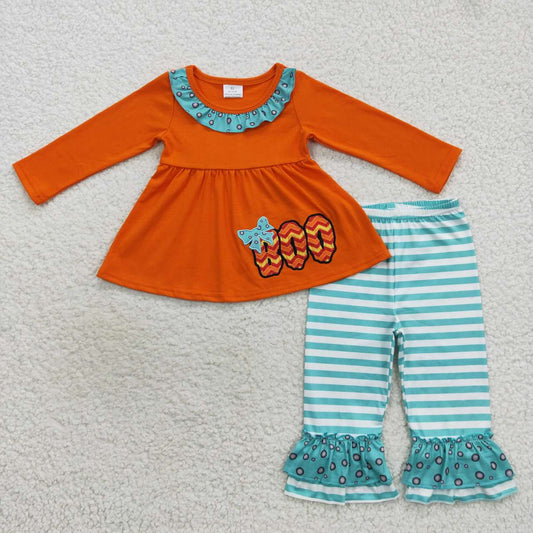 GLP0721 BOO Embroidery Orange Tunic Top Stripes Pants Girls Halloween Clothes Set
