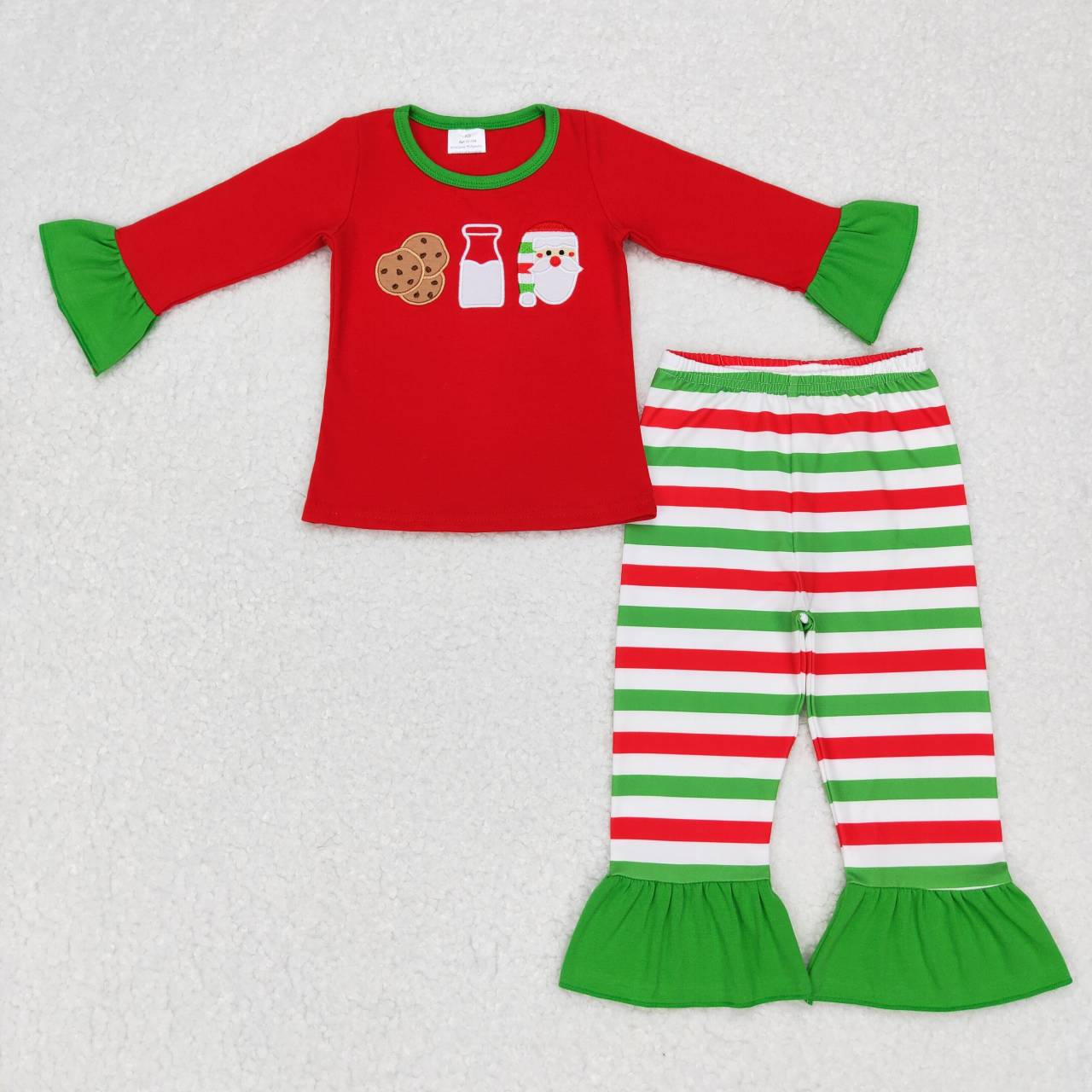 GLP0726 Cookies Milk Santa Embroidery Stripes Girls Christmas Pajamas Clothes Set