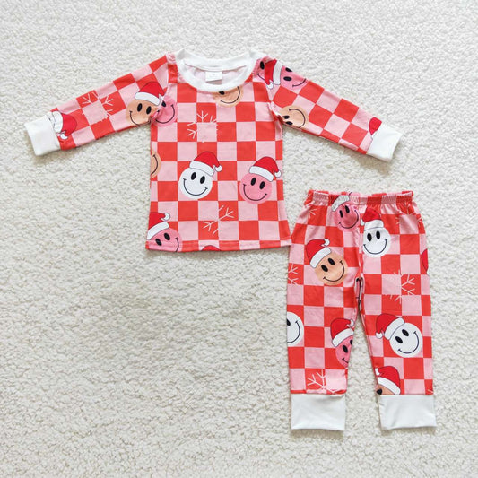 GLP0733 Smiling Pink Checkered Print Girls Christmas Pajamas Clothes Set