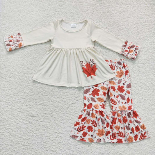 GLP0736 Leaf Ivory Tunic Top Bell Pants Girls Fall Clothes Set