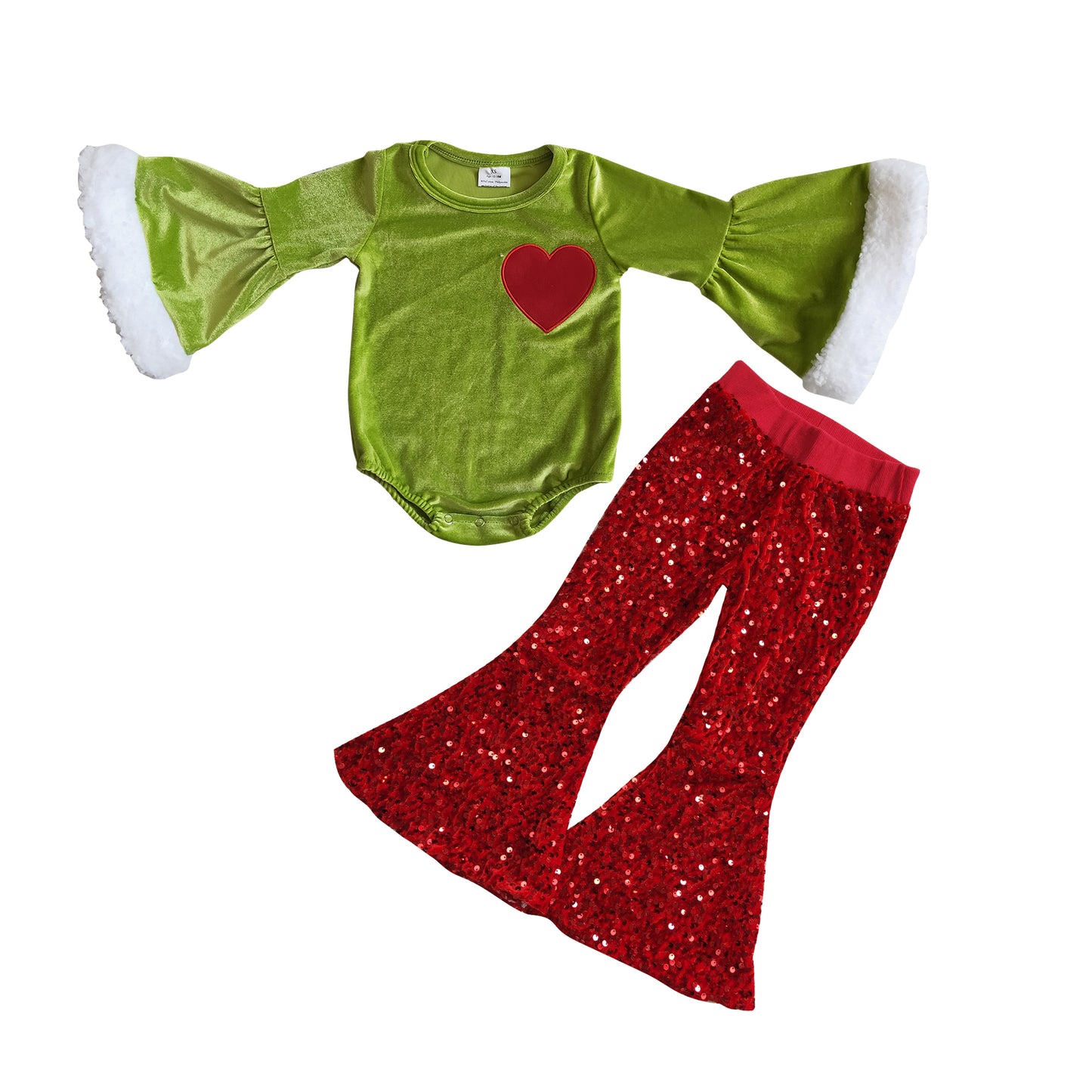 GLP0762 Heart Embroidery Velvet Romper Sequin Bell Pants Girls Christmas Clothes Set