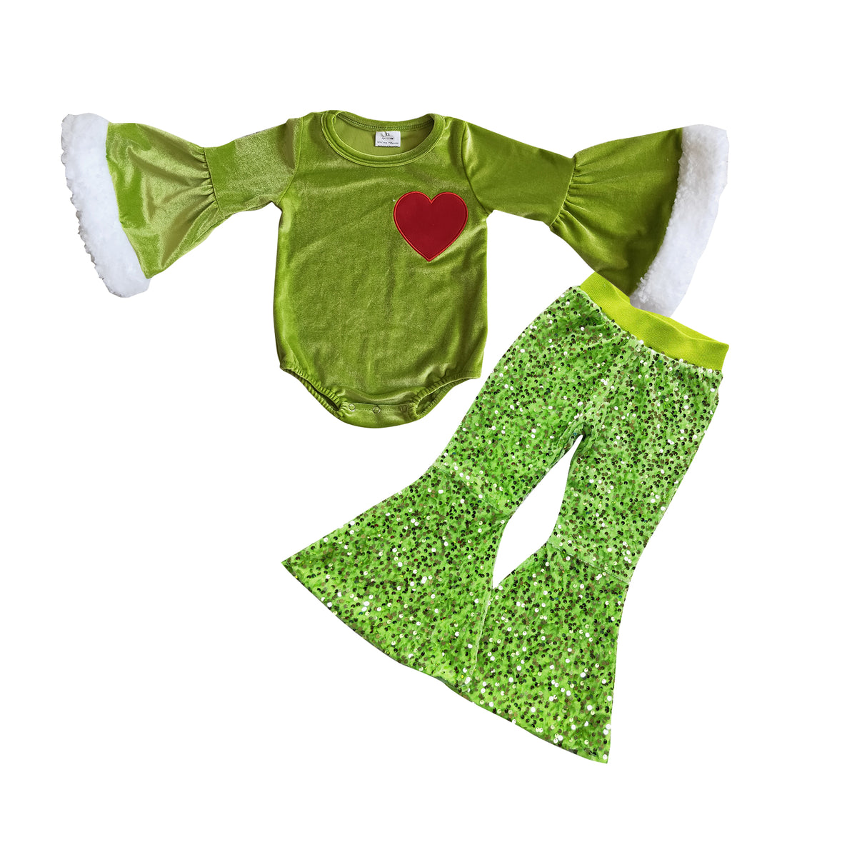 GLP0763 Heart Embroidery Velvet Romper Sequin Bell Pants Girls Christmas Clothes Set