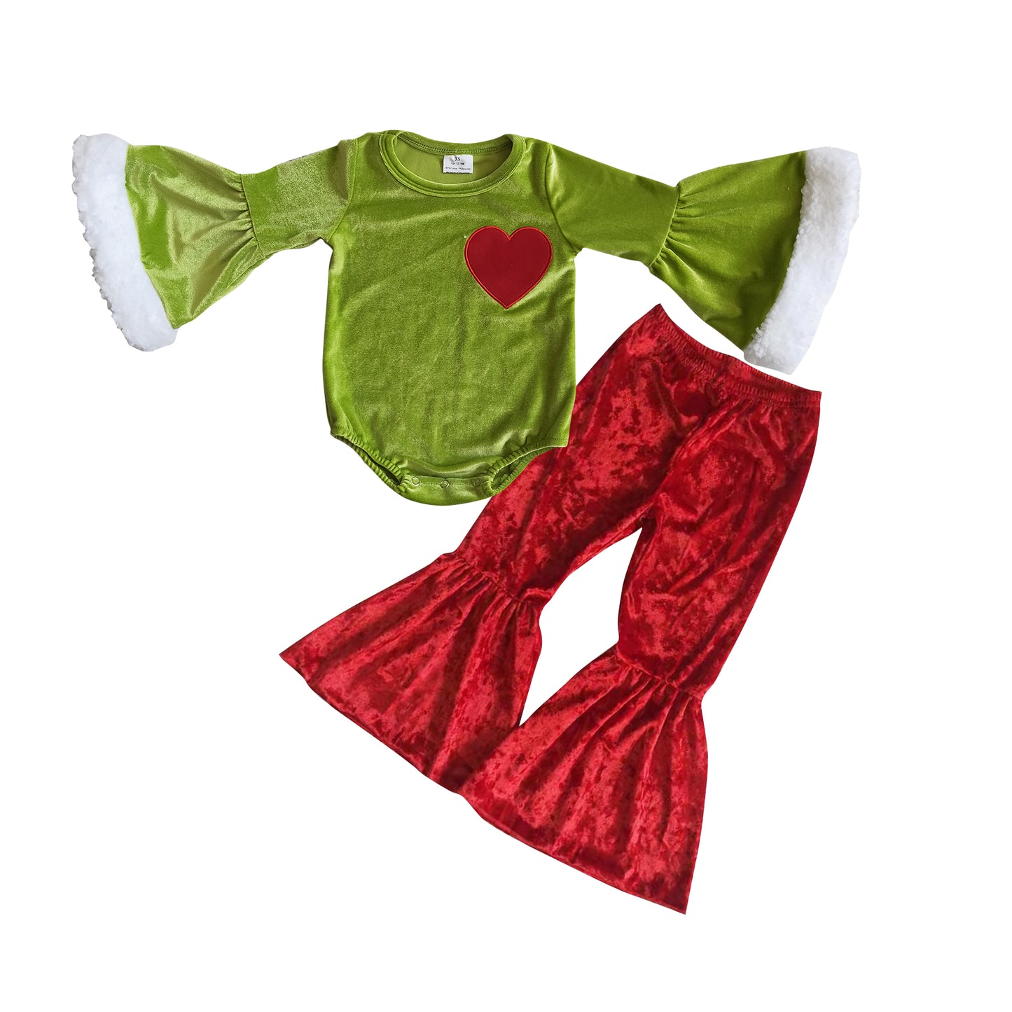GLP0764 Heart Embroidery Velvet Romper Red Velvet Girls Christmas Clothes Set