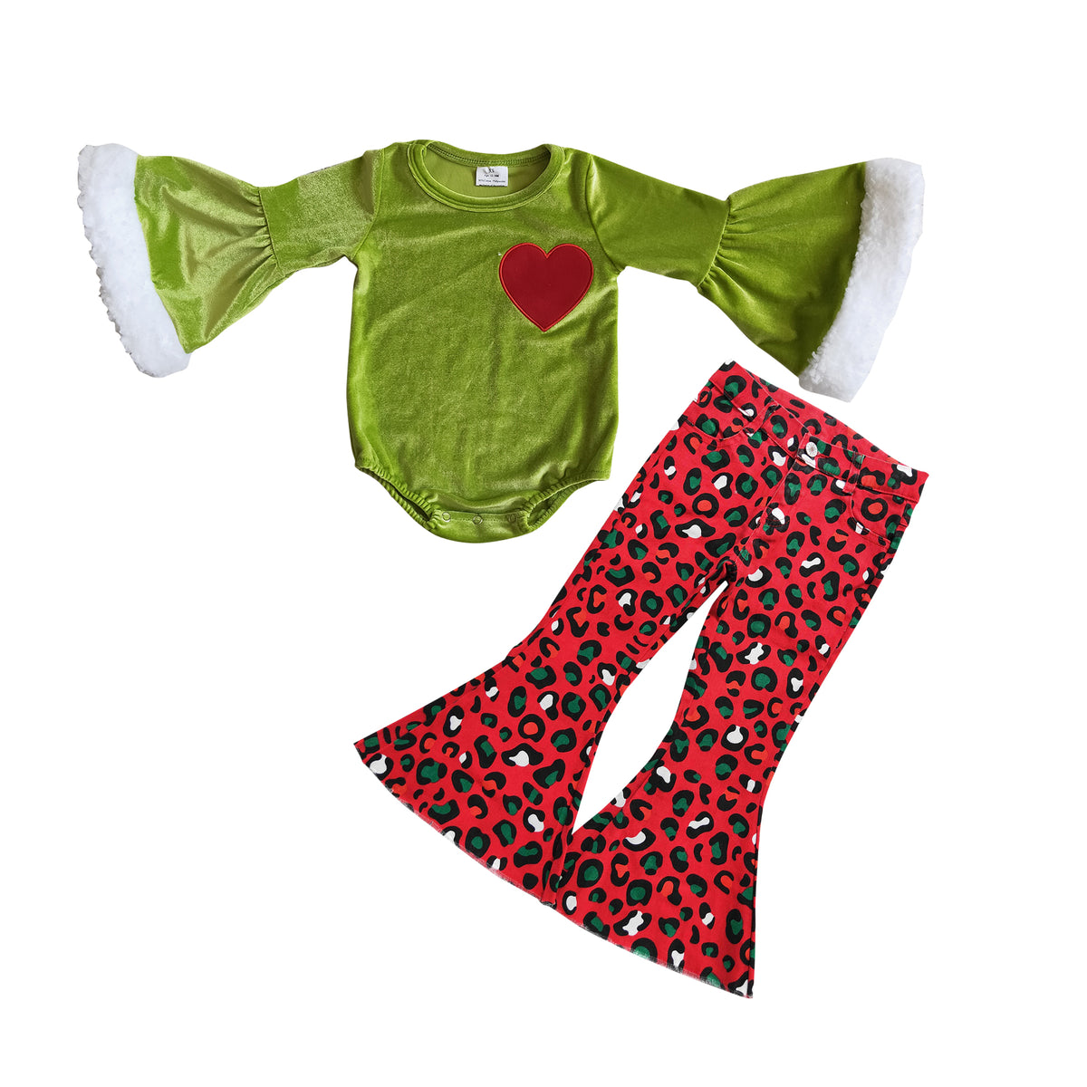 GLP0767 Heart Embroidery Velvet Romper Leopard Jeans Girls Christmas Clothes Set