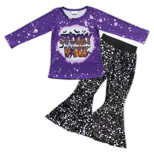GLP0800 Spooky Vibes Purple Top Black Sequin Bell Pants Girls Halloween Clothes Set