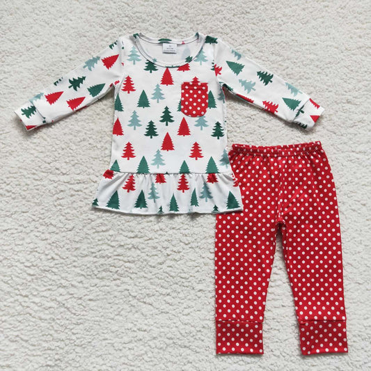 GLP0803 Tree Pocket Top Red Dots Pants Girls Christmas Clothes Set