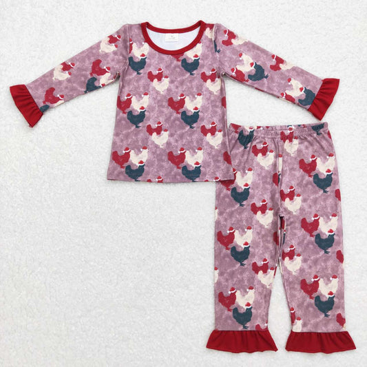 GLP0848 Chicken Wine Print Girls Christmas Pajamas Clothes Set