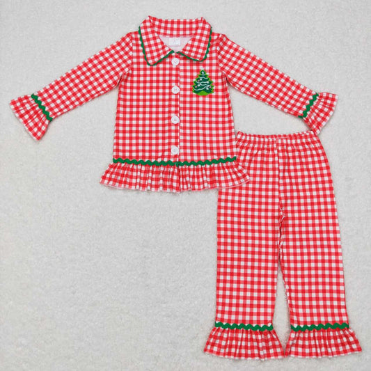 GLP0854 Tree Embroidery Red Checkered Girls Christmas Buttons Pajamas Clothes Set