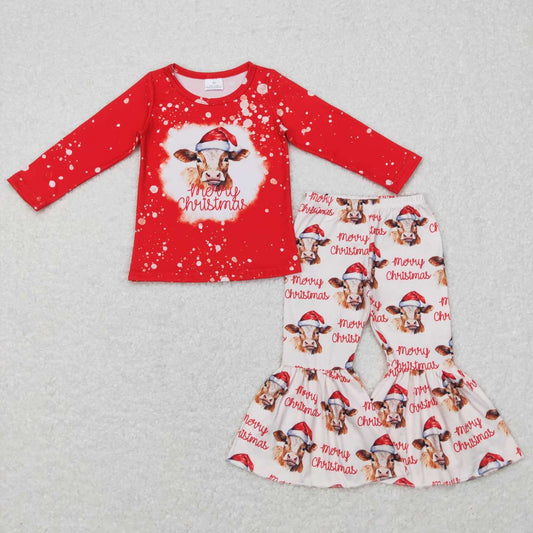 GLP0868 Cows Red Top Bell Pants Girls Merry Christmas Clothes Set