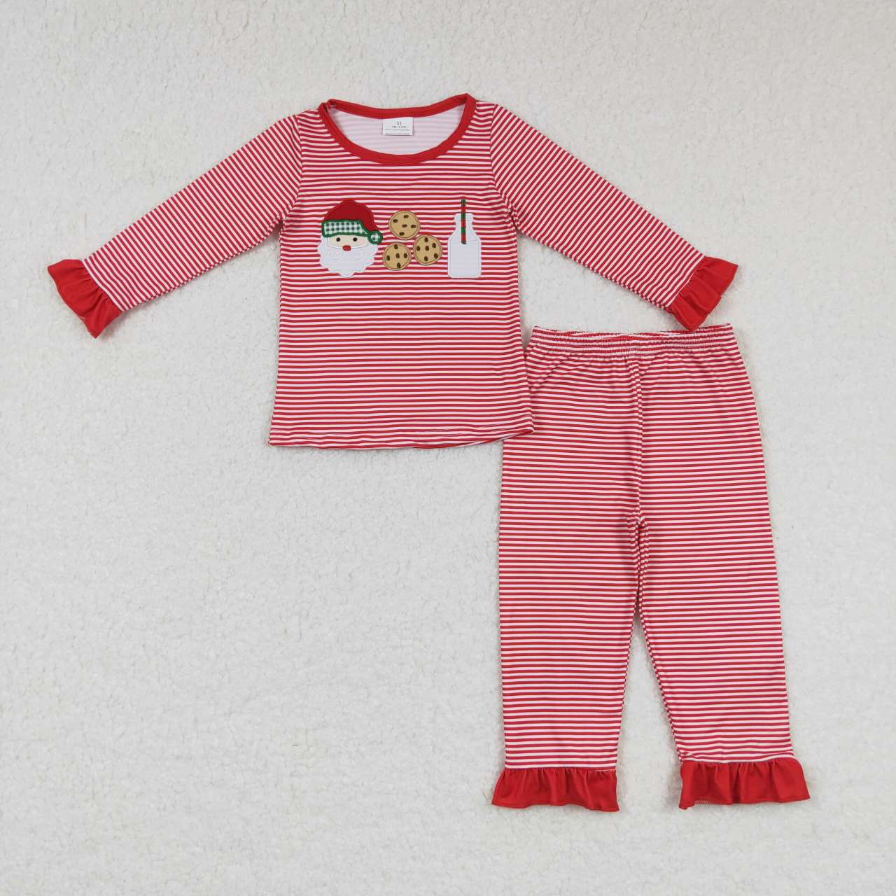 GLP0873 Santa Cookies Milk Embroidery Red Stripes Girls Christmas Pajamas Clothes Set