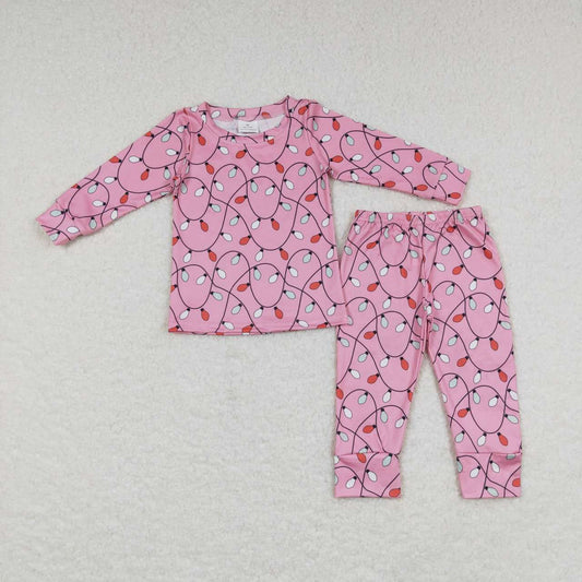 GLP0888 Lights Pink Print Girls Christmas Pajamas Clothes Set
