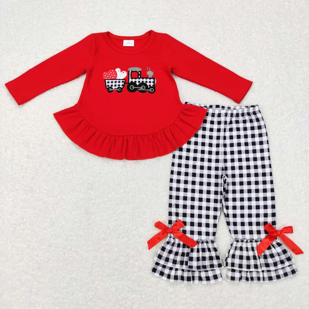 Sibling Baby Boys Girls Embroidery Valentines Heart Tractor Pants Outfit Romper