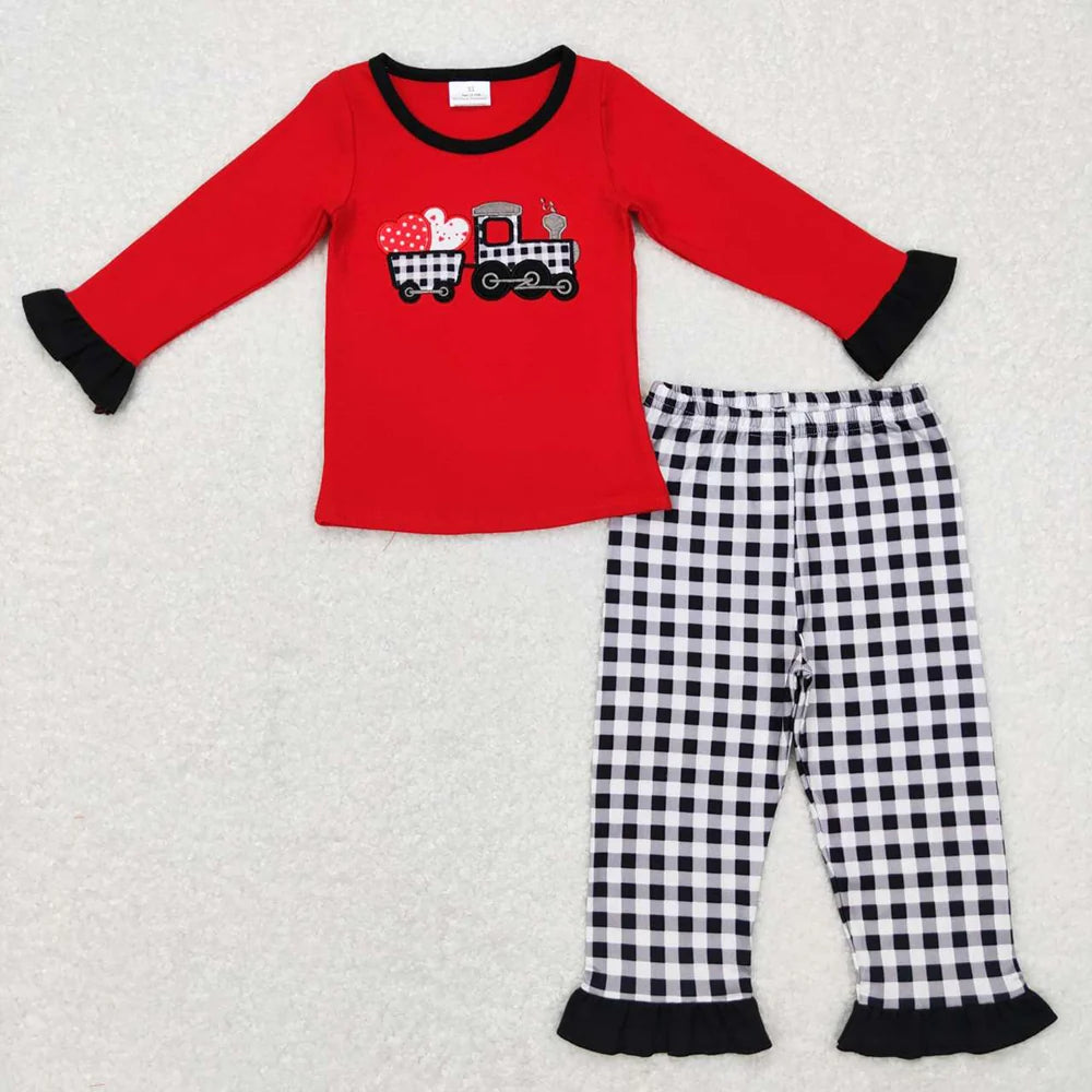 Sibling Baby Boys Girls Embroidery Valentines Heart Tractor Pants Outfit Romper