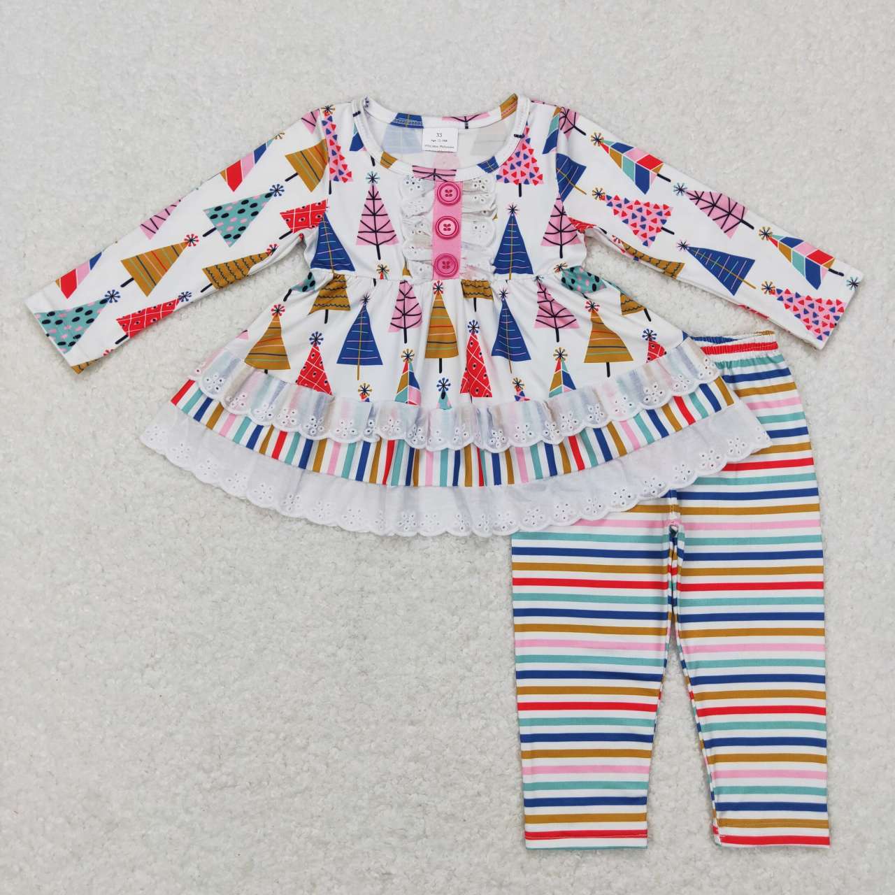 GLP0953 Colorful Tree Ruffle Tunic Top Stripes Pants Girls Christmas Clothes Set