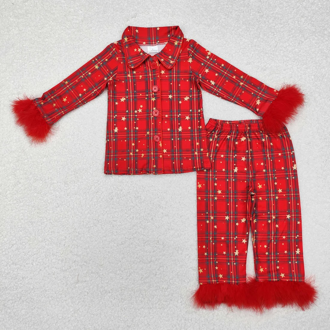 Sibling Baby Girls Sister Christmas Green Face Bows Buttons Top Pants Fur Pajamas Clothes Sets