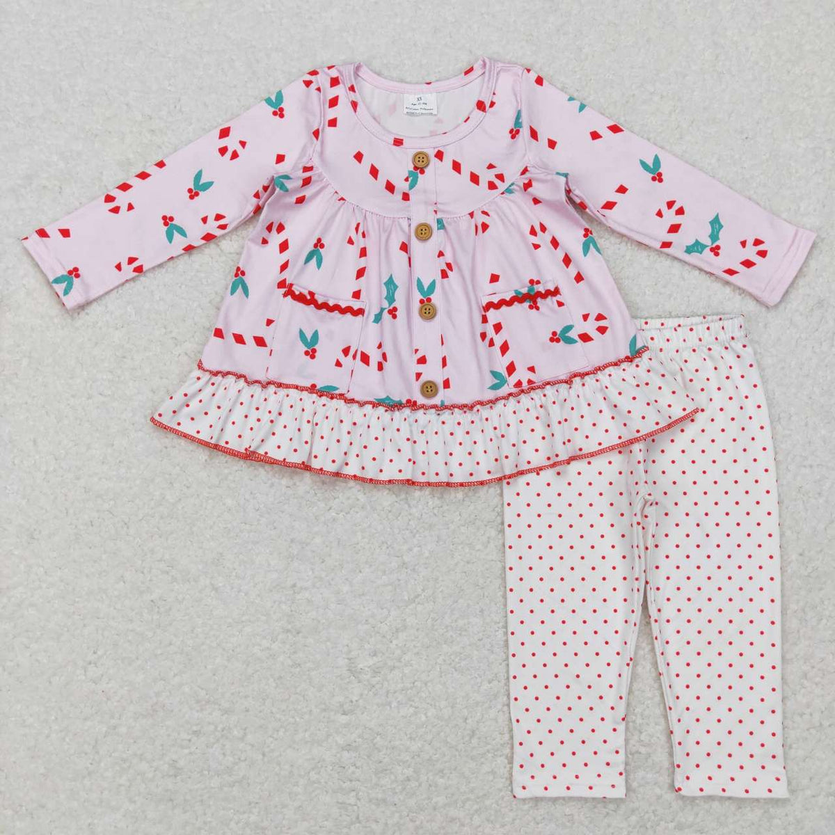 GLP0975 Candy Cane Holly Pockets Ruffle Tunic Top Dots Pants Girls Christmas Clothes Set
