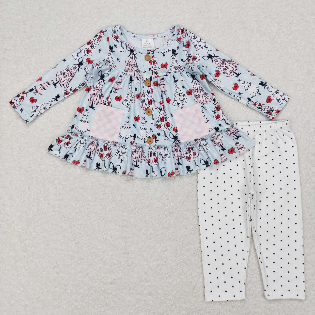 GLP0988 Tree Bows Pockets Ruffle Tunic Top Dots Pants Girls Christmas Clothes Set