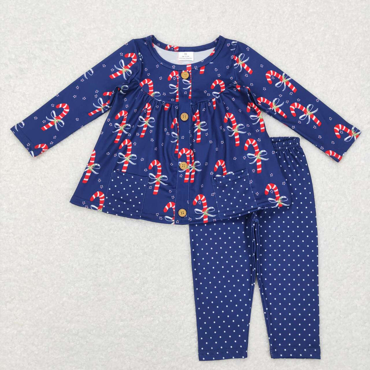 GLP0992 Candy Cane Bows Pockets Tunic Top Dots Pants Girls Christmas Clothes Set