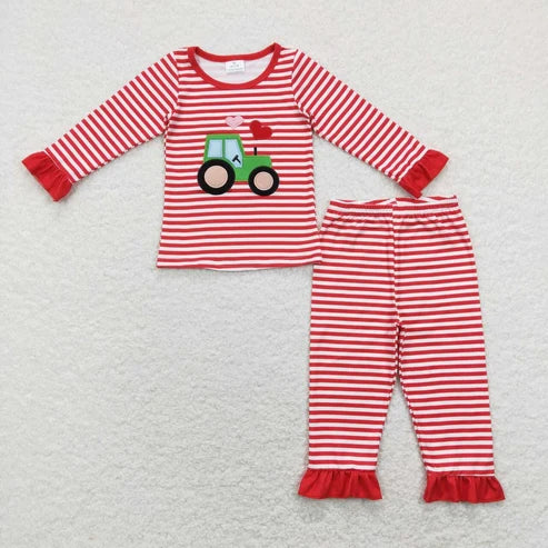Sibling Baby Girls Boys Valentine Tractor Heart Striped Pajama Set Romper