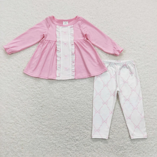 Girls Bows Flowers Tunic Leggings Pant Ruffle Sleeves Outfit