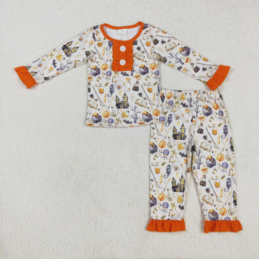 GLP1172 Ghost Witch Print Girls Halloween Pajamas Clothes Set