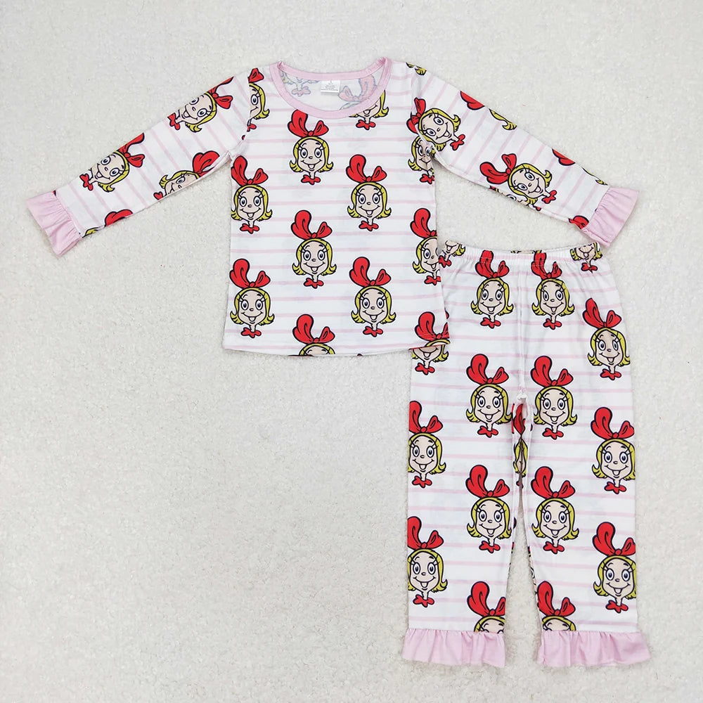 Sibling Baby Girls Long Ruffle Sleeve Green Face Top Pants Bamboo Pajamas Clothes Sets
