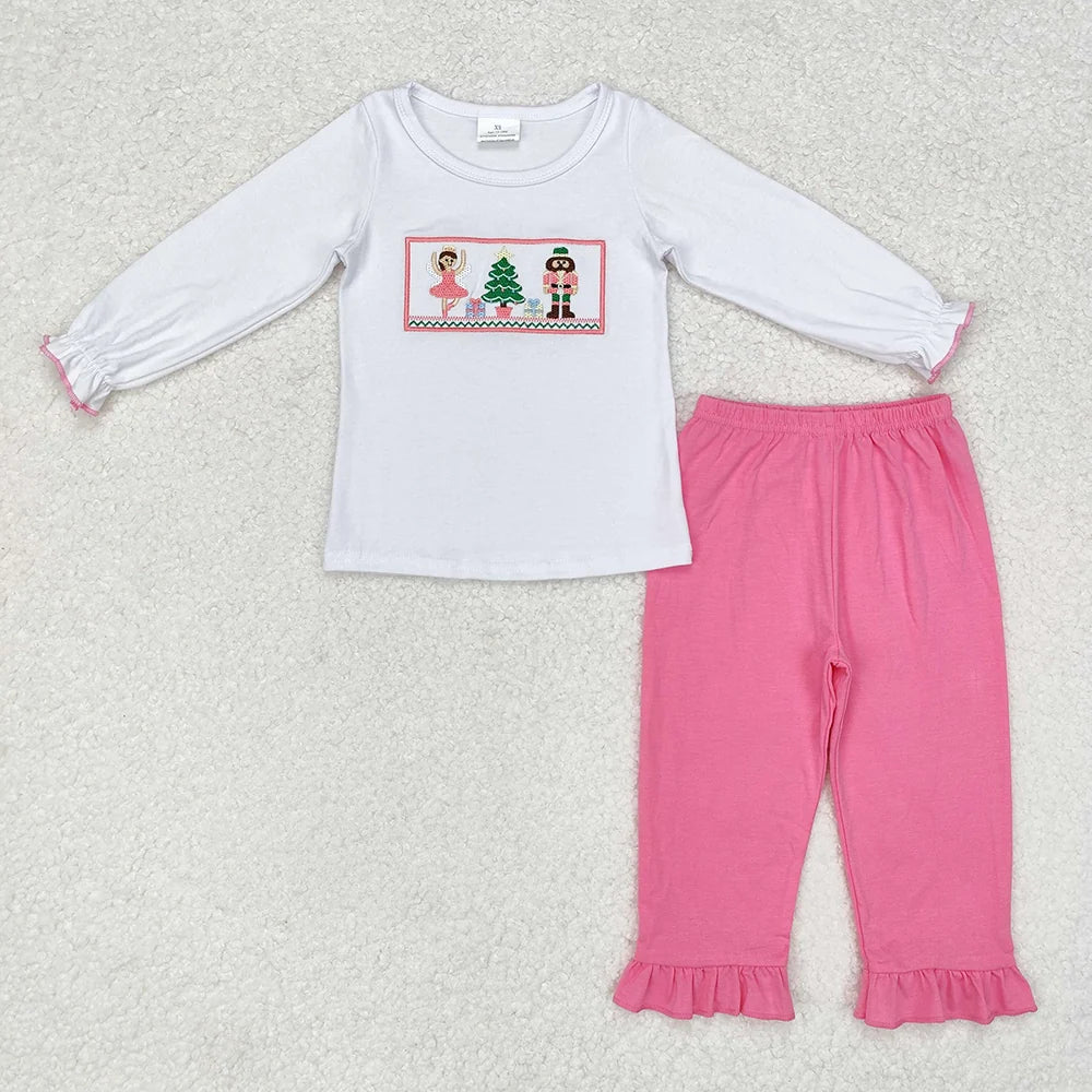 GLP1236 Nutcracke* Soldier Embroidery White Top Pink Pants Girls Cotton Christmas Clothes Sets