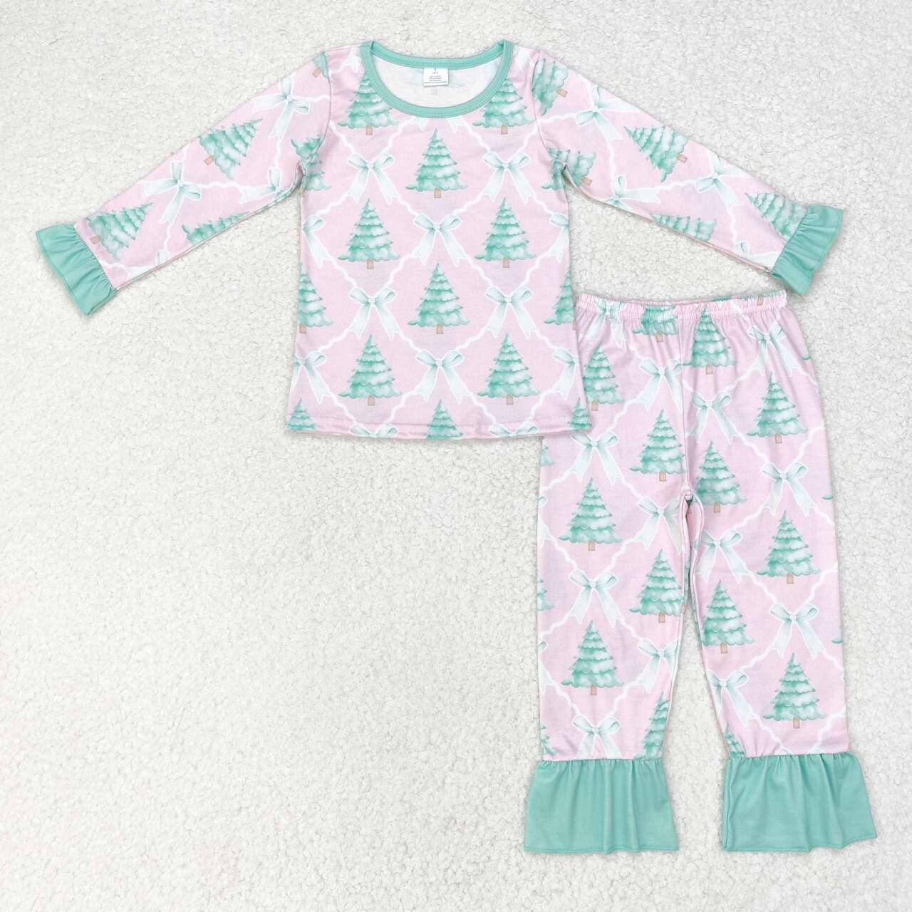 GLP1242 Tree Bows Print Girls Christmas Bamboo Pajamas Clothes Set