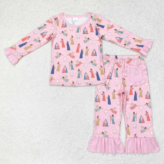 GLP1278 Nativity Pink Print Girls Christmas Pajamas Clothes Set