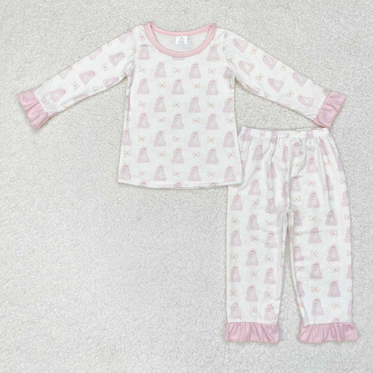 GLP1311 Ghost Bows Pink Print Ruffle Girls Halloween Bamboo Pajamas Clothes Set