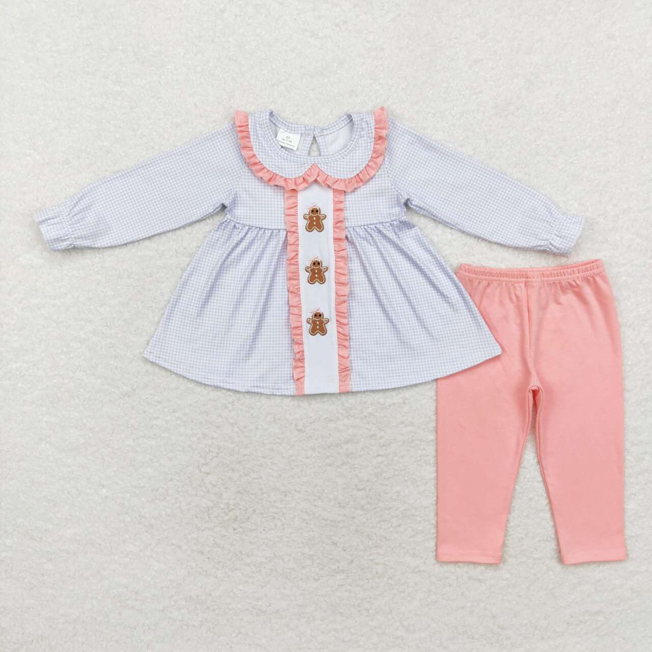 GLP1330 Gingerbread Embroidery Checkered Tunic Top Pink Pants Girls Christmas Clothes Sets