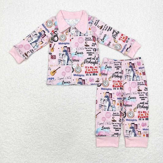 Sibling Baby  Girls  Singer Buttons Long Sleeve Top Pants Pajama Set