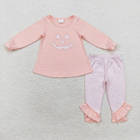 GLP1342 Smiling Face Embroidery Pink Top Checkered Pants Girls Halloween Clothes Set