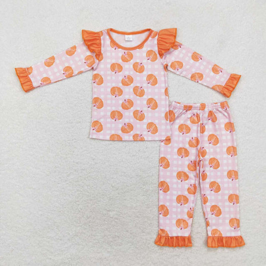 GLP1362 Pumpkin Pink Checkered Long Sleeve Pants Girls Fall Pajamas Clothes Set