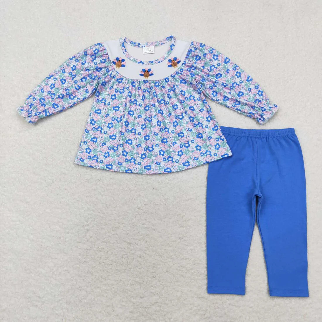 Sibling Baby Girls Embroidery Turkey Long Ruffle Sleeves Pants Thanksgiving Clothes Sets