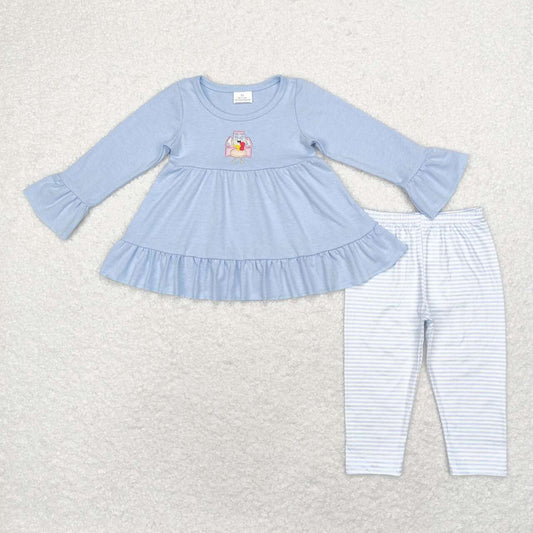 GLP1384 Turkey Embroidery Blue Tunic Top Stripes Pants Girls Thanksgiving Clothes Set
