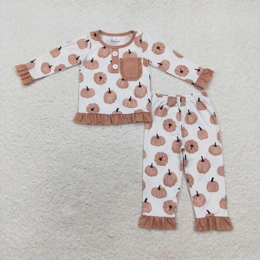 GLP1402 Pumpkin Brown Pocket Long Sleeve Pants Girls Fall Pajamas Clothes Set