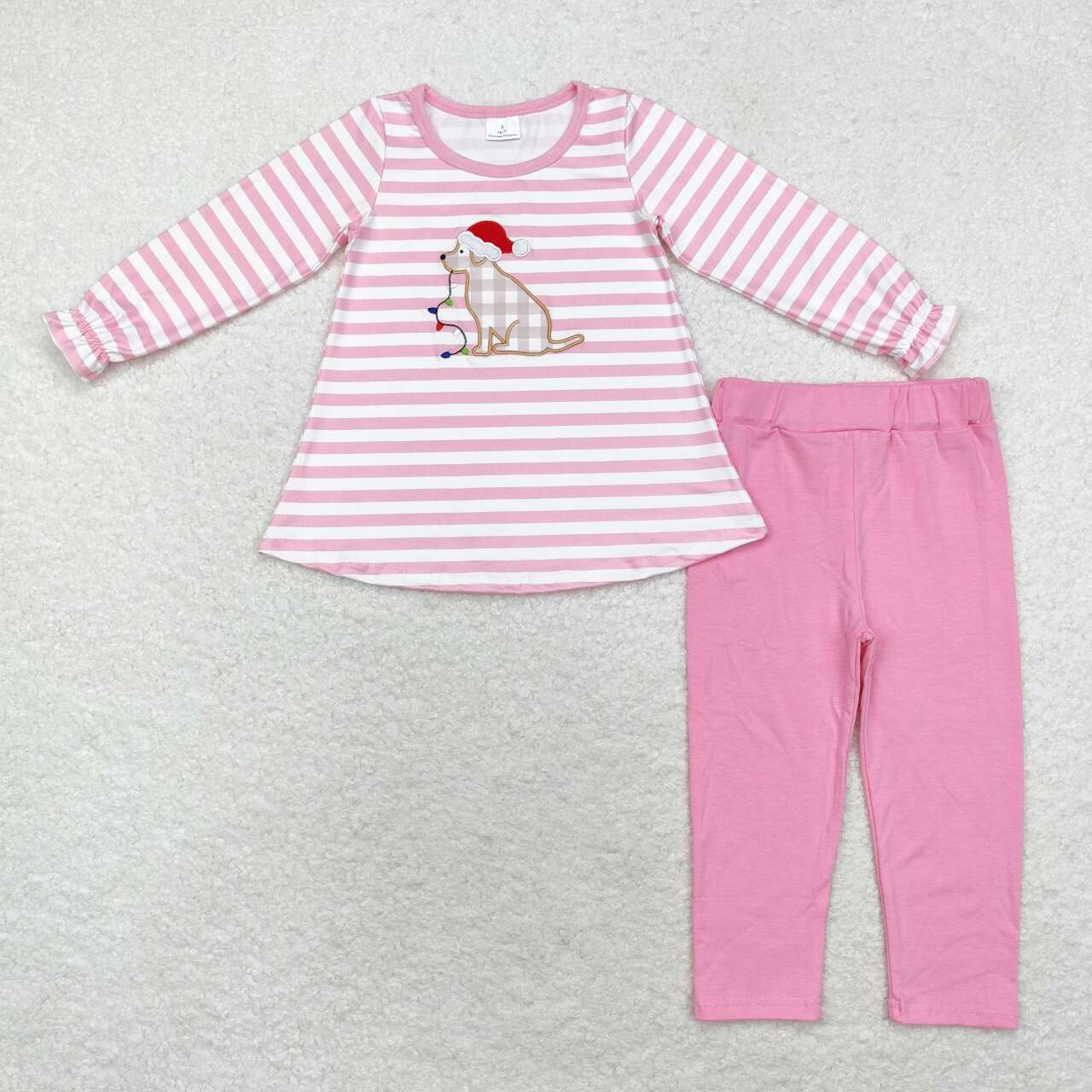 GLP1404 Dog Embroidery Stripes Top Pink Pants Girls Christmas Clothes Set
