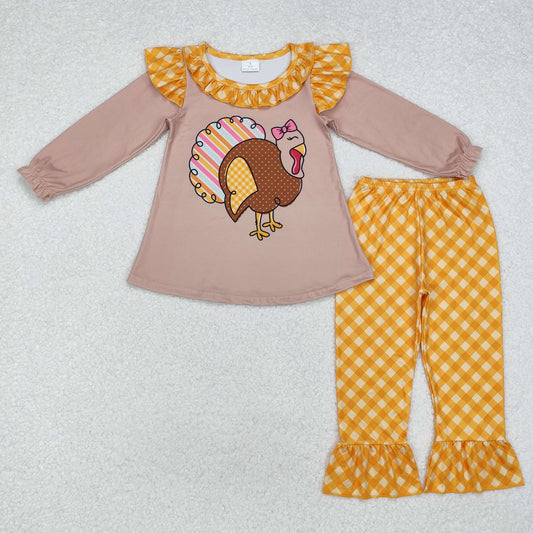 GLP1410 Turkey Top Orange Checkered Pants Girls Thanksgiving Clothes Set