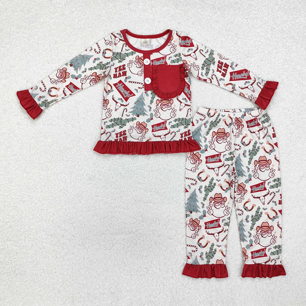 Sibling Boys Girls Christmas Western Santa Cactus Bamboo Rompers Pajamas