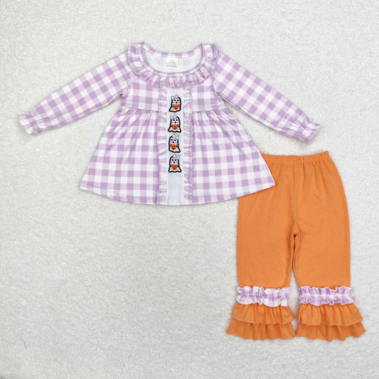 GLP1434 Ghost Pumpkin Embroidery Checkered Tunic Top Orange Pants Girls Halloween Clothes Set
