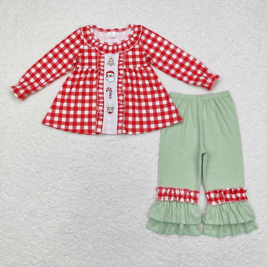 GLP1439 Tree Santa Candy Cane Deer Embroidery Checkered Tunic Top Green Pants Girls Christmas Clothes Set