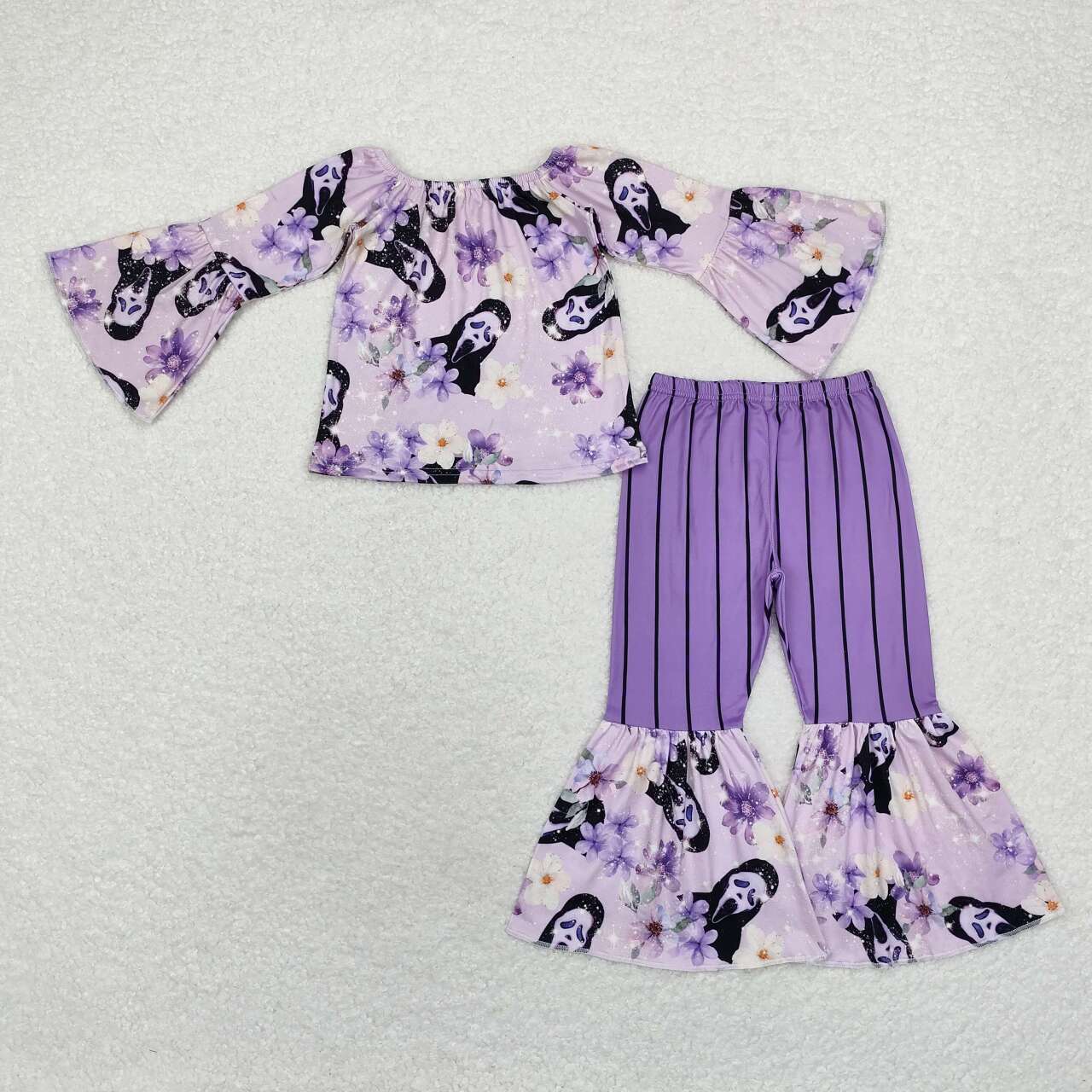 GLP1448 Characters Call Flowers Top Purple Stripes Bell Pants Girls Halloween Clothes Set