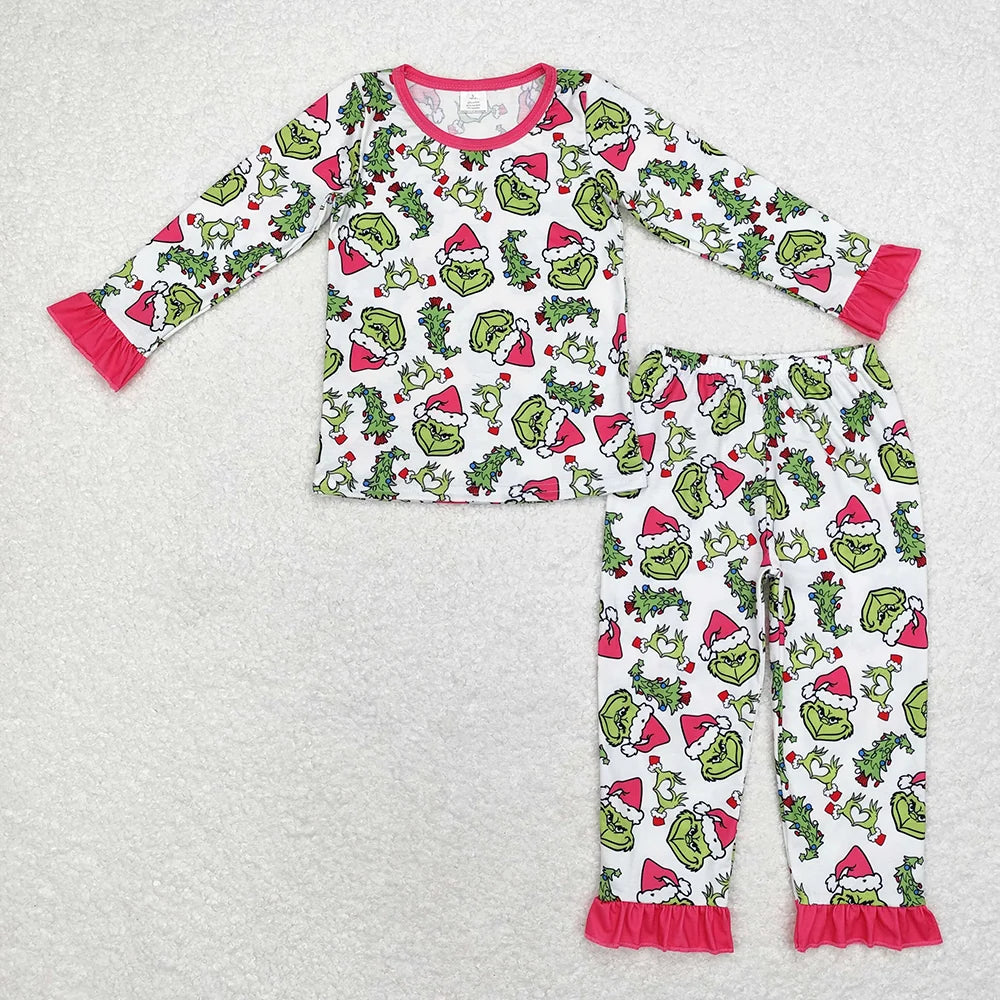 Sibling Baby Girls Long Ruffle Sleeve Green Face Top Pants Bamboo Pajamas Clothes Sets