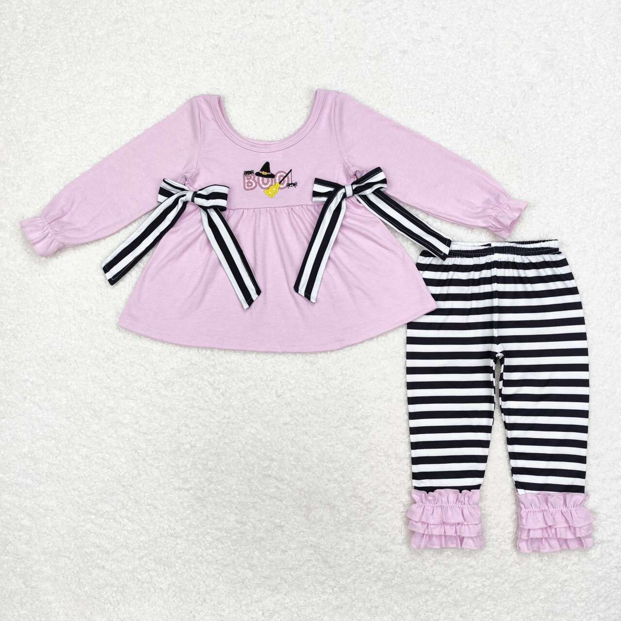 GLP1483 BOO Embroidery Purple Tunic Top Stripes Pants Girls Halloween Clothes Set