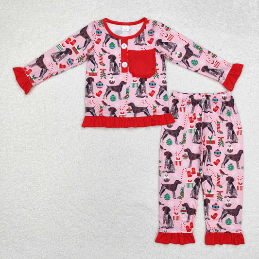 GLP1508 Dog Candy Cane Print Pocket Girls Christmas Bamboo Pajamas Clothes Set