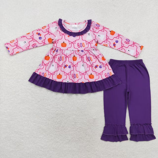 GLP1533 Ghost Pumpkin BOO Bows Tunic Top Purple Ruffle Pants Girls Halloween Clothes Set